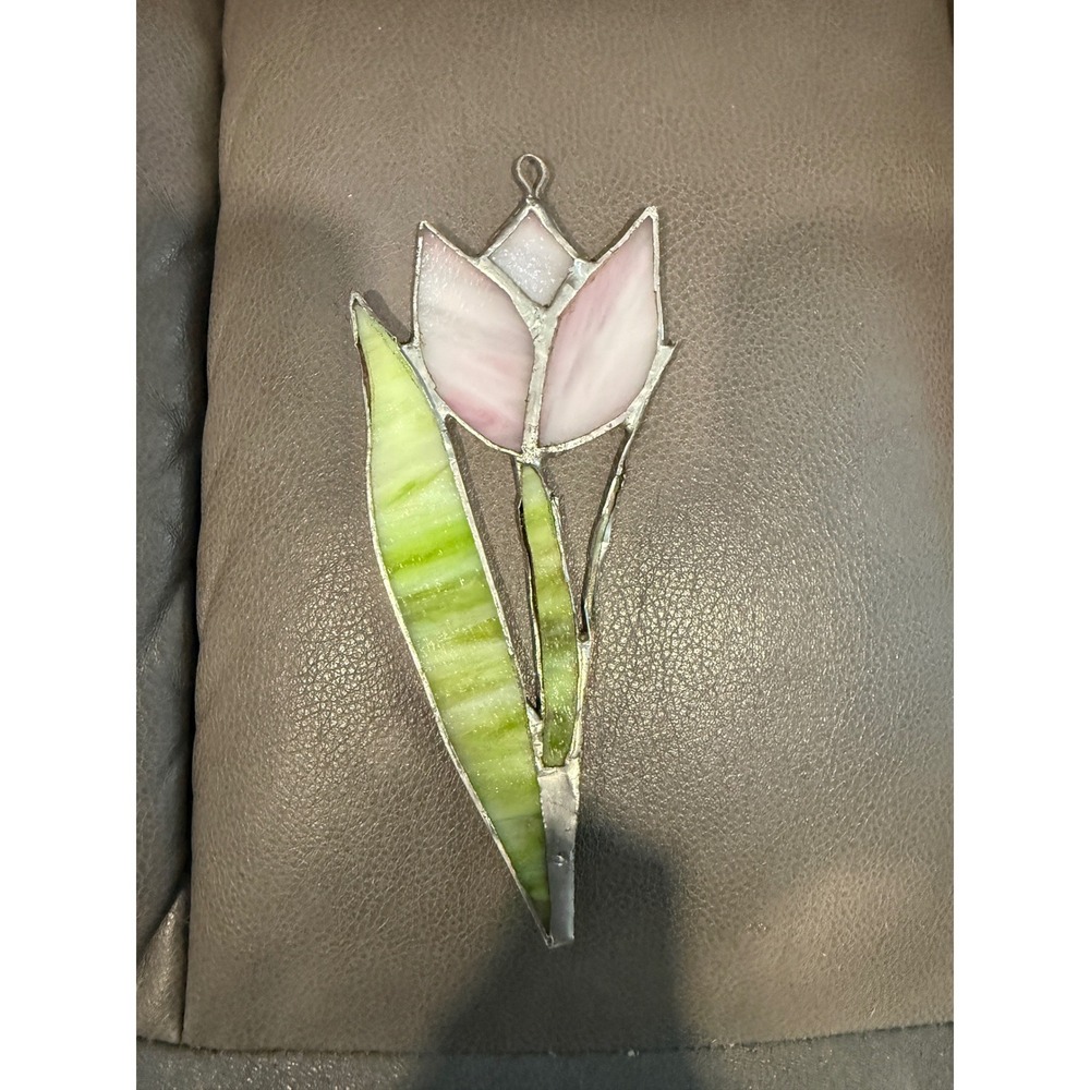 Handmade Stained Glass Tulip Suncatcher Pink Green Flower Window Art Decor